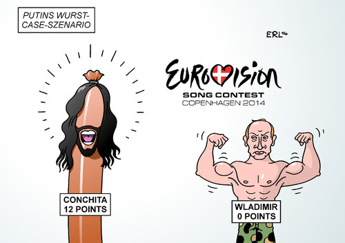 Cartoon: Wurst-Case-Szenario (medium) by Erl tagged eurovision,song,contetst,conchita,wurst,österreich,russland,wladimir,putin,männlichkeit,worst,case,szenario,zwölf,null,punkte,eurovision,song,contetst,conchita,wurst,österreich,russland,wladimir,putin,männlichkeit,worst,case,szenario,zwölf,null,punkte