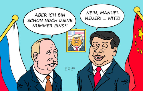 Cartoon: Xi hat gut lachen (medium) by Erl tagged politik,russland,putin,besuch,china,xi,abhängigkeit,ukraine,krieg,wirtschaft,usa,trump,nummer,eins,sport,fußball,deutschland,nationalmannschaft,tor,manuel,neuer,rückkehr,karikatur,erl,politik,russland,putin,besuch,china,xi,abhängigkeit,ukraine,krieg,wirtschaft,usa,trump,nummer,eins,sport,fußball,deutschland,nationalmannschaft,tor,manuel,neuer,rückkehr,karikatur,erl