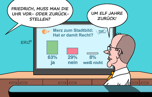 Cartoon: Zeitumstellung (medium) by Erl tagged politik,kanzler,merz,stadtbild,migration,asyl,zeitumstellung,herbst,uhr,zurückstellen,karikatur,erl,politik,kanzler,merz,stadtbild,migration,asyl,zeitumstellung,herbst,uhr,zurückstellen,karikatur,erl