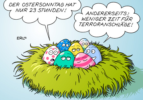 Cartoon: Zeitumstellung Ostern (medium) by Erl tagged winterzeit,sommerzeit,zeitumstellung,stunde,weniger,ostern,ostersonntag,osternest,ostereier,angst,terror,anschlag,terroranschlag,zuversicht,sicherheit,hoffnung,karikatur,erl,winterzeit,sommerzeit,zeitumstellung,stunde,weniger,ostern,ostersonntag,osternest,ostereier,angst,terror,anschlag,terroranschlag,zuversicht,sicherheit,hoffnung,karikatur,erl