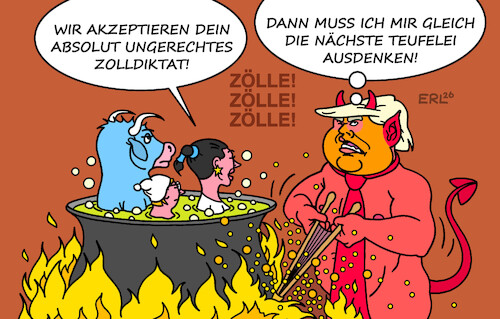 Cartoon: Zölle auf Erden (medium) by Erl tagged politik,usa,trump,zölle,zoll,diktat,eu,zustimmung,umsetzung,hölle,teufel,teufelei,karikatur,erl,politik,usa,trump,zölle,zoll,diktat,eu,zustimmung,umsetzung,hölle,teufel,teufelei,karikatur,erl