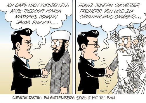 Cartoon: Zu Guttenbergs Taktik (medium) by Erl tagged guttenberg,taliban,gespräch,verhandlung,vorstellung,vornamen,guttenberg,taliban,gespräch,verhandlung,vorstellung,vornamen,militär,terroristen,terror