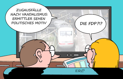 Cartoon: Zugausfälle (medium) by Erl tagged politik,verkehr,öffentlich,bahn,vandalismus,zug,ausfälle,zugausfälle,polizei,ermittler,motiv,politisch,verkehrsminister,volker,wissing,fdp,bevorzugung,auto,autobahn,autofahrer,finanzminister,vorsitzender,christian,lindner,porsche,fan,fernsehen,nachrichten,karikatur,erl,politik,verkehr,öffentlich,bahn,vandalismus,zug,ausfälle,zugausfälle,polizei,ermittler,motiv,politisch,verkehrsminister,volker,wissing,fdp,bevorzugung,auto,autobahn,autofahrer,finanzminister,vorsitzender,christian,lindner,porsche,fan,fernsehen,nachrichten,karikatur,erl