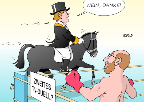 Cartoon: Zweites TV-Duell (medium) by Erl tagged bundestagswahl,2017,wahl,bundestag,bundeskanzlerin,angela,merkel,cdu,union,csu,herausforderer,martin,schulz,spd,kanzlerkandidat,wahlkampf,inhalte,schlagabtausch,boxen,dressurreiten,hohes,ross,tv,duell,einmal,zweimal,ablehnung,karikatur,erl,bundestagswahl,2017,wahl,bundestag,bundeskanzlerin,angela,merkel,cdu,union,csu,herausforderer,martin,schulz,spd,kanzlerkandidat,wahlkampf,inhalte,schlagabtausch,boxen,dressurreiten,hohes,ross,tv,duell,einmal,zweimal,ablehnung,karikatur,erl