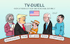 Cartoon: TV-Duell (small) by Erl tagged politik,usa,wahl,präsident,präsidentschaftswahl,tv,duell,joe,biden,thema,alter,altenpfleger,donald,trump,verurteilung,bewährungshelfer,fäkalsprache,müllmann,karikatur,erl