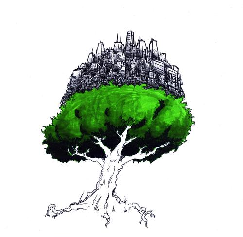 Cartoon: Civilization Tree (medium) by robobenito tagged tree,civilization,nature,science,urban,city,drawing,pen,pencil,green,ecology,technology,growth,planet,dependence,danger,interdependent,reliant,trust,coexistence,necessity,development,critical