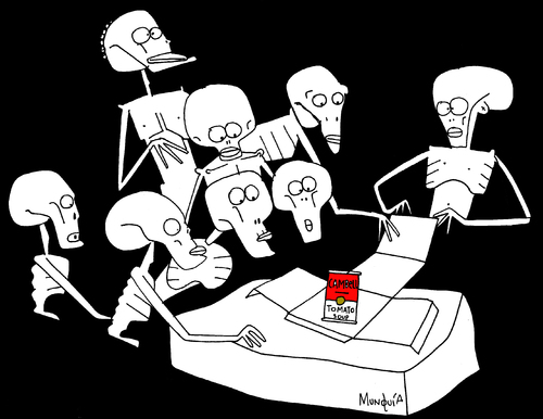 Cartoon: 1 can for 8 (medium) by Munguia tagged andy,warhol,rembrandt,anatomy,lesson,dr,tulp,africa,soup,campbells,can,food,hungry,hunger,african,munguia,costa,rica,humor,grafico,caricaturas