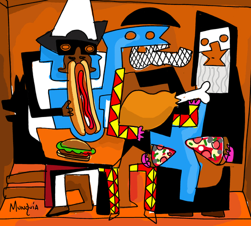 Cartoon: 3 eaters (medium) by Munguia tagged threee,musicians,tres,musicos,pablo,picasso,famous,paintings,parodies,food,music