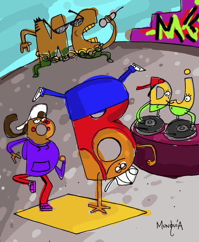 Cartoon: B Boy B Girl Mc and DJ (medium) by Munguia tagged hip,hop,rap,zulu,nation,break,dance,mc,dj,bboy,bgirl