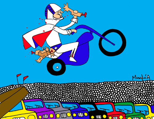 Cartoon: Evel Kanibbal (medium) by Munguia tagged evel,knievel,motorcycle,moto,robert,craig,daredevil,circus,cannibal,eat,human