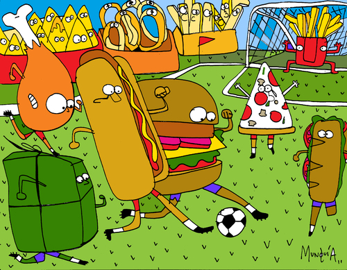 Cartoon: FoodBall (medium) by Munguia tagged food,fast,soccer,football,munguia,costa,rica,hot,dog,hamburguer,pizza,tamal,onion,rings,aros,de,cebolla,french,fries,hamburer,sandwich,subway,ball