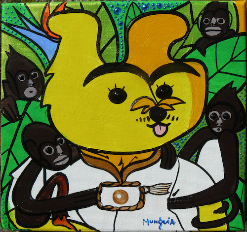 Cartoon: Frida with monkeys (medium) by Munguia tagged frida,kahlo,dog,monkeys,portrait,selfportrait,spoof,version,famous,paintings,parodies,parody