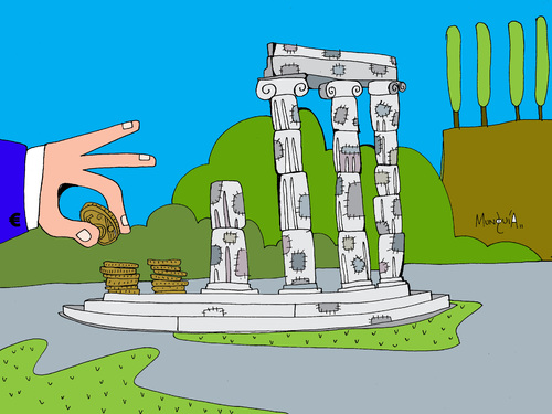 Cartoon: Greek ruins (medium) by Munguia tagged grece,greek,crisis,economy,financial,euro,europe,europa,money,coins,cents,5cents,munguia,costa,rica,humor,grafico,ruins