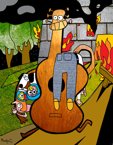 Cartoon: Guitar Hero (medium) by Munguia tagged guitar,guitarra,stringed,instrument,music,musico,musica,hero,saver,life,family,fire