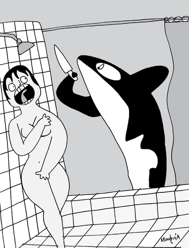 Cartoon: Killer Whale (medium) by Munguia tagged psycho,scene,alfred,hitchcock,movies,clasic,killer,whale,ballena,asesina,thriller