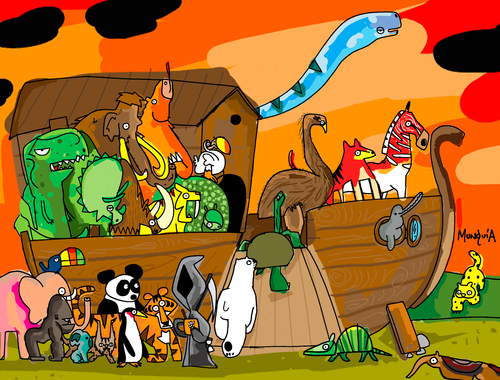 Cartoon: ark of extinction (medium) by Munguia tagged panda,dinosaurs,reaper,muerte,dead,death,species,endangered,animals,arc,ark,noah,wellfare,animal