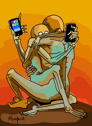 Cartoon: on line (medium) by Munguia tagged zdzislaw,beksinski,the,hug,abrazo,horror,paintings,parodies,famous