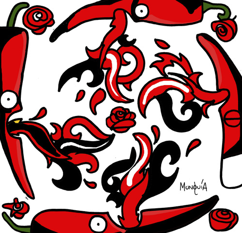 Cartoon: Red  Hot Chilli Peppers (medium) by Munguia tagged rhchp,blood,sugar,magik,90s,cover,album,parody