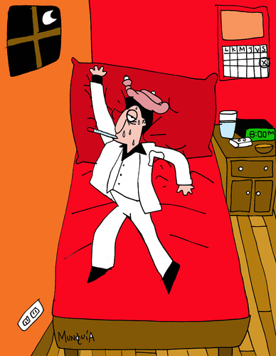 Cartoon: Saturday night fever (medium) by Munguia tagged flue,pandemic,n1h1,sick,ache,ill,noche,la,por,sabado,de,fiebre,fever,night,saturday,baile,dance,john,travolta