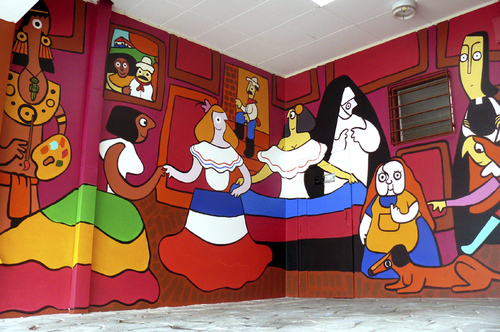 Cartoon: Meninas Parody Mural and More (medium) by Munguia tagged spanish,dog,dead,death,devil,mask,dress,typical,humour,painting,america,latinamerican,manners,francisco,munguia,diego,velazquez,rica,costa,mural,meninas