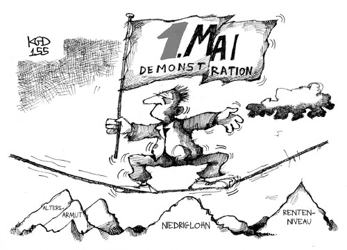 Cartoon: 1. Mai-Demonstration (medium) by Kostas Koufogiorgos tagged karikatur,koufogiorgos,cartoon,illustration,demonstration,mai,gewerkschaft,arbeit,lohn,gehalt,rente,balanceakt,berge,seiltanz,niedriglohn,altersarmut,politik,arbeitnehmer,karikatur,koufogiorgos,cartoon,illustration,demonstration,mai,gewerkschaft,arbeit,lohn,gehalt,rente,balanceakt,berge,seiltanz,niedriglohn,altersarmut,politik,arbeitnehmer