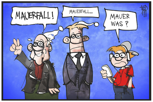 Cartoon: 25 Jahre Mauerfall (medium) by Kostas Koufogiorgos tagged karikatur,koufogiorgos,illustration,cartoon,mauerfall,wende,michel,deutschland,ddr,einheit,jubiläum,politik,karikatur,koufogiorgos,illustration,cartoon,mauerfall,wende,michel,deutschland,ddr,einheit,jubiläum,politik