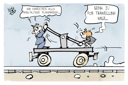 Cartoon: Abgewendeter Bahnstreik (medium) by Kostas Koufogiorgos tagged karikatur,koufogiorgos,bahn,karikatur,koufogiorgos,bahn