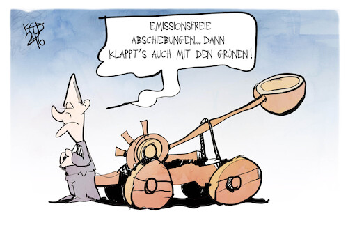 Cartoon: Abschiebungen (medium) by Kostas Koufogiorgos tagged karikatur,koufogiorgos,abschiebung,katapult,gruene,emissionen,karikatur,koufogiorgos,abschiebung,katapult,gruene,emissionen