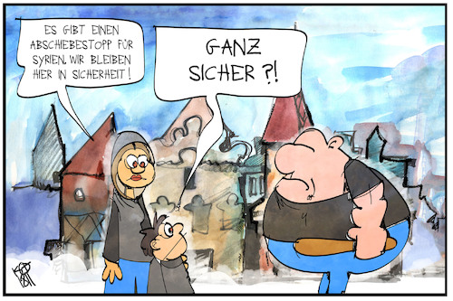 Cartoon: Abstiebestopp für Syrien (medium) by Kostas Koufogiorgos tagged karikatur,koufogiorgos,illustration,cartoon,abschiebung,abschiebestopp,syrien,flüchtling,migration,krieg,neonazi,sicherheit,bedrohung,rechtsextremismus,mutter,kind,karikatur,koufogiorgos,illustration,cartoon,abschiebung,abschiebestopp,syrien,flüchtling,migration,krieg,neonazi,sicherheit,bedrohung,rechtsextremismus,mutter,kind