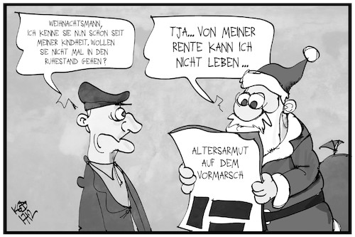 Cartoon: Altersarmut (medium) by Kostas Koufogiorgos tagged karikatur,koufogiorgos,illustration,cartoon,altersarmut,weihnachtsmann,rente,ruhestand,geld,arm,sozial,karikatur,koufogiorgos,illustration,cartoon,altersarmut,weihnachtsmann,rente,ruhestand,geld,arm,sozial