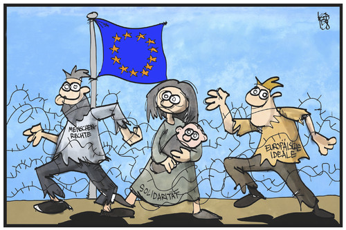 Cartoon: Am Grenzzaun der EU (medium) by Kostas Koufogiorgos tagged karikatur,koufogiorgos,illustration,cartoon,grenzzaun,grenze,zaun,eu,europa,union,menschenrechte,solidarität,ideale,flüchtlinge,asyl,stacheldraht,verfangen,abwehr,abschottung,karikatur,koufogiorgos,illustration,cartoon,grenzzaun,grenze,zaun,eu,europa,union,menschenrechte,solidarität,ideale,flüchtlinge,asyl,stacheldraht,verfangen,abwehr,abschottung