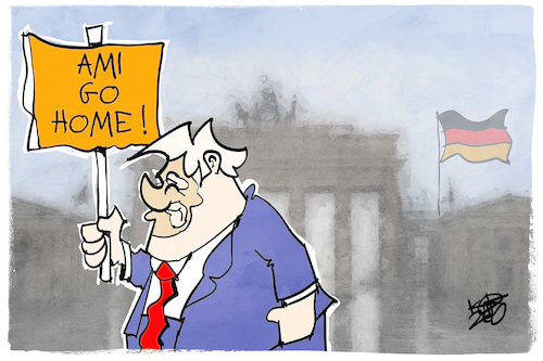 Cartoon: Ami go home (medium) by Kostas Koufogiorgos tagged karikatur,koufogiorgos,usa,ami,trump,abzug,berlin,karikatur,koufogiorgos,usa,ami,trump,abzug,berlin