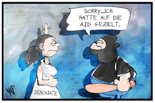 Cartoon: Angriff auf die Demokratie (medium) by Kostas Koufogiorgos tagged karikatur,koufogiorgos,illustration,cartoon,angriff,anschlag,terrorist,demokratie,getroffen,ziel,partei,extremismus,karikatur,koufogiorgos,illustration,cartoon,angriff,anschlag,terrorist,demokratie,getroffen,ziel,partei,extremismus