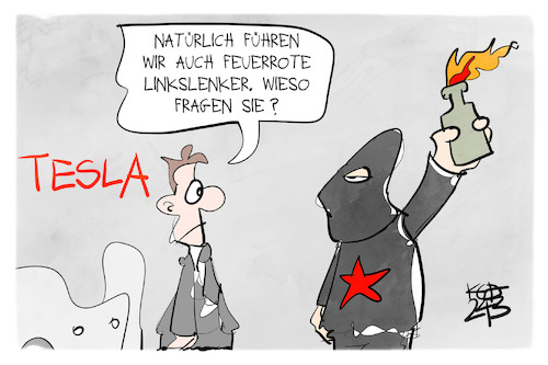 Cartoon: Anschlag auf Tesla (medium) by Kostas Koufogiorgos tagged karikatur,koufogiorgos,tesla,terrorismus,links,feuer,vulkangruppe,karikatur,koufogiorgos,tesla,terrorismus,links,feuer,vulkangruppe