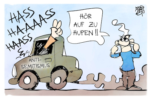 Cartoon: Antisemitismus (medium) by Kostas Koufogiorgos tagged karikatur,koufogiorgos,antisemitismus,palästina,hass,auto,autokorso,karikatur,koufogiorgos,antisemitismus,palästina,hass,auto,autokorso