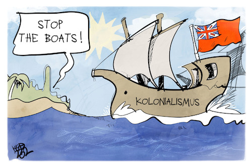 Cartoon: Asylpolitik in Großbritannien (medium) by Kostas Koufogiorgos tagged karikatur,koufogiorgos,asylpolitik,uk,grossbritannien,schiff,kolonialismus,karikatur,koufogiorgos,asylpolitik,uk,grossbritannien,schiff,kolonialismus