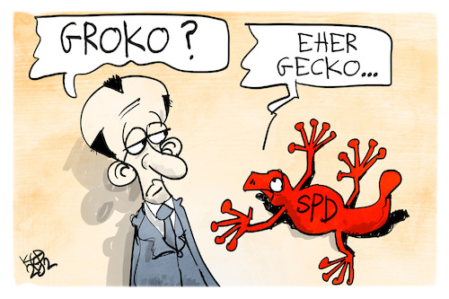 Cartoon: Aus Groko wird Gecko (medium) by Kostas Koufogiorgos tagged karikatur,koufogiorgos,groko,gecko,merz,koalition,cdu,spd,karikatur,koufogiorgos,groko,gecko,merz,koalition,cdu,spd