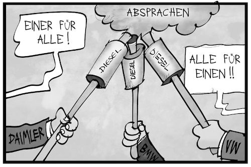 Cartoon: Autobauer-Absprachen (medium) by Kostas Koufogiorgos tagged karikatur,koufogiorgos,illustration,cartoon,autobauer,kartell,industrie,wirtschaft,absprache,korruption,musketiere,auspuff,dieselgate,karikatur,koufogiorgos,illustration,cartoon,autobauer,kartell,industrie,wirtschaft,absprache,korruption,musketiere,auspuff,dieselgate