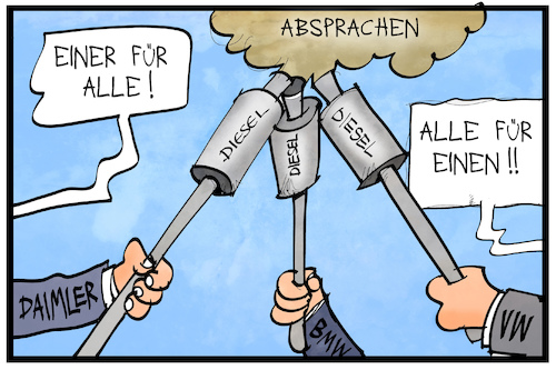 Cartoon: Autobauer-Absprachen (medium) by Kostas Koufogiorgos tagged karikatur,koufogiorgos,illustration,cartoon,autobauer,kartell,industrie,wirtschaft,absprache,korruption,musketiere,auspuff,dieselgate,karikatur,koufogiorgos,illustration,cartoon,autobauer,kartell,industrie,wirtschaft,absprache,korruption,musketiere,auspuff,dieselgate