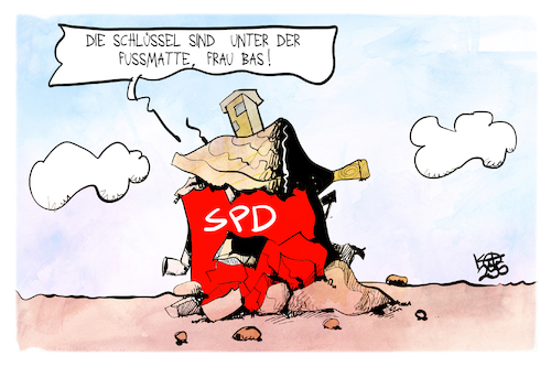 Cartoon: Bas tritt an (medium) by Kostas Koufogiorgos tagged karikatur,koufogiorgos,spd,bas,ruine,schlüssel,vorsitz,sozialdemokraten,karikatur,koufogiorgos,spd,bas,ruine,schlüssel,vorsitz,sozialdemokraten
