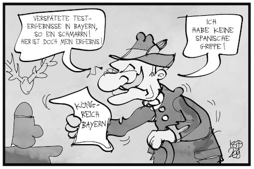 Cartoon: Bayerische Testpannen (medium) by Kostas Koufogiorgos tagged karikatur,koufogiorgos,illustration,cartoon,bayern,test,panne,grippe,corona,virus,verspätung,geschichte,alter,testergebnis,karikatur,koufogiorgos,illustration,cartoon,bayern,test,panne,grippe,corona,virus,verspätung,geschichte,alter,testergebnis