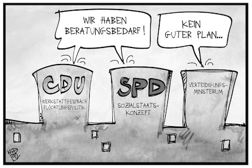 Cartoon: Beratungsbedarf (medium) by Kostas Koufogiorgos tagged karikatur,koufogiorgos,illustration,cartoon,beratung,bundeswehr,affäre,spd,cdu,csu,regierung,koalition,groko,sozialpolitik,flüchtlingspolitik,karikatur,koufogiorgos,illustration,cartoon,beratung,bundeswehr,affäre,spd,cdu,csu,regierung,koalition,groko,sozialpolitik,flüchtlingspolitik