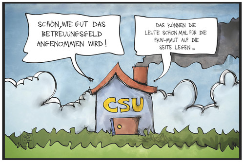 Cartoon: Betreuungsgeld und Maut (medium) by Kostas Koufogiorgos tagged karikatur,koufogiorgos,illustration,cartoon,csu,partei,betreuungsgeld,maut,pkw,geld,gebühr,herdprämie,politik,sparen,karikatur,koufogiorgos,illustration,cartoon,csu,partei,betreuungsgeld,maut,pkw,geld,gebühr,herdprämie,politik,sparen