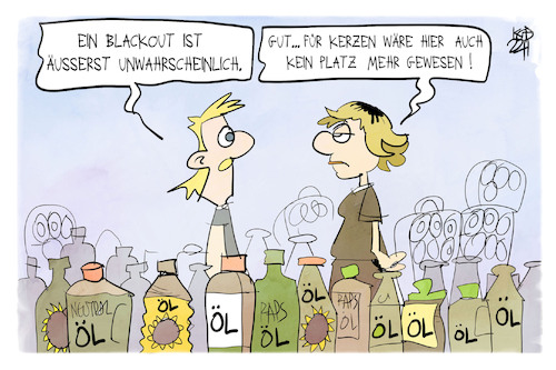 Cartoon: Blackout-Gefahr (medium) by Kostas Koufogiorgos tagged koufogiorgos,karikatur,blackout,hamstern,prepper,vorrat,öl,kerzen,strom,koufogiorgos,karikatur,blackout,hamstern,prepper,vorrat,öl,kerzen,strom