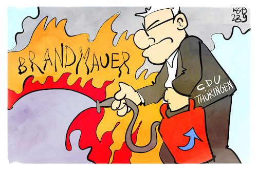 Cartoon: Brandmauer gegen rechts (medium) by Kostas Koufogiorgos tagged karikatur,koufogiorgos,brandmauer,feuer,feuerlöscher,cdu,karikatur,koufogiorgos,brandmauer,feuer,feuerlöscher,cdu