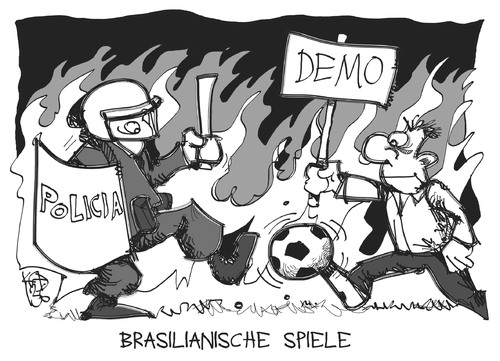 Cartoon: Brasilianische Spiele (medium) by Kostas Koufogiorgos tagged brasilien,fussball,demonstration,polizei,protest,wm,weltmeisterschaft,karikatur,koufogiorgos,brasilien,fussball,demonstration,polizei,protest,wm,weltmeisterschaft,karikatur,koufogiorgos