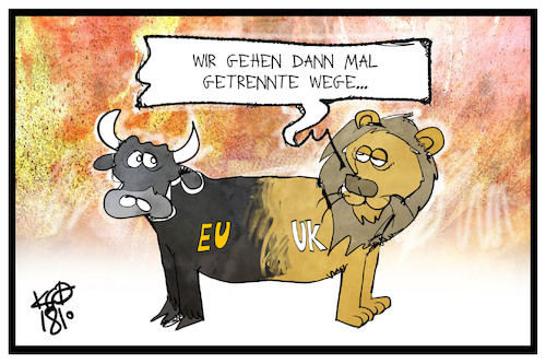 Cartoon: Brexit (medium) by Kostas Koufogiorgos tagged karikatur,koufogiorgos,illustration,cartoon,brexit,eu,uk,europa,grossbritannien,stier,löwe,karikatur,koufogiorgos,illustration,cartoon,brexit,eu,uk,europa,grossbritannien,stier,löwe