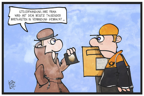 Cartoon: Briefkastenfirma (medium) by Kostas Koufogiorgos tagged karikatur,koufogiorgos,illustration,cartoon,panama,papers,post,postbote,brieftraeger,steuerfahnder,ermittler,briefkasten,briefkastenfirma,betrug,geld,steuerbetrug,karikatur,koufogiorgos,illustration,cartoon,panama,papers,post,postbote,brieftraeger,steuerfahnder,ermittler,briefkasten,briefkastenfirma,betrug,geld,steuerbetrug