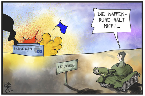 Cartoon: Brüchige Waffenruhe (medium) by Kostas Koufogiorgos tagged karikatur,koufogiorgos,illustration,cartoon,waffenruhe,krieg,frieden,konflikt,ukraine,ostukraine,eurogruppe,panzer,feuer,soldat,streit,europa,eu,politik,diplomatie,karikatur,koufogiorgos,illustration,cartoon,waffenruhe,krieg,frieden,konflikt,ukraine,ostukraine,eurogruppe,panzer,feuer,soldat,streit,europa,eu,politik,diplomatie