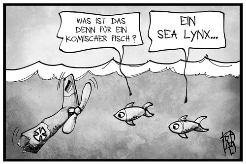 Cartoon: Bundeswehr-Ausrüstung (medium) by Kostas Koufogiorgos tagged lynx,sea,cartoon,illustration,koufogiorgos,karikatur,helikopter,militär,fisch,see,bundeswehr,marine,hubschrauber,karikatur,koufogiorgos,illustration,cartoon,sea,lynx,hubschrauber,marine,bundeswehr,see,fisch,militär,helikopter